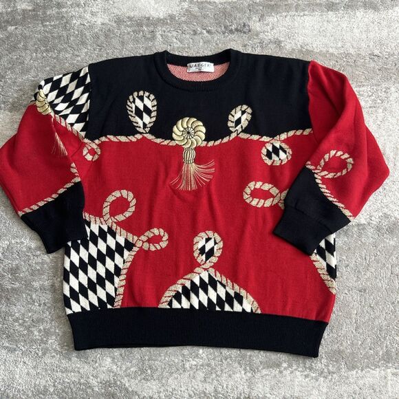 Vintage Jaeger Sweater Womens Medium Embroidered Rope Metallic Black Red - Picture 1 of 9